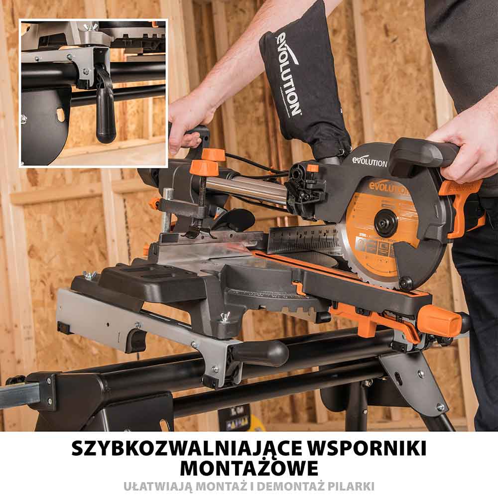 Piła ukośnica Evolution R255SMS-DB+ 255 mm z wielomateriałową tarczą TCT + stojak