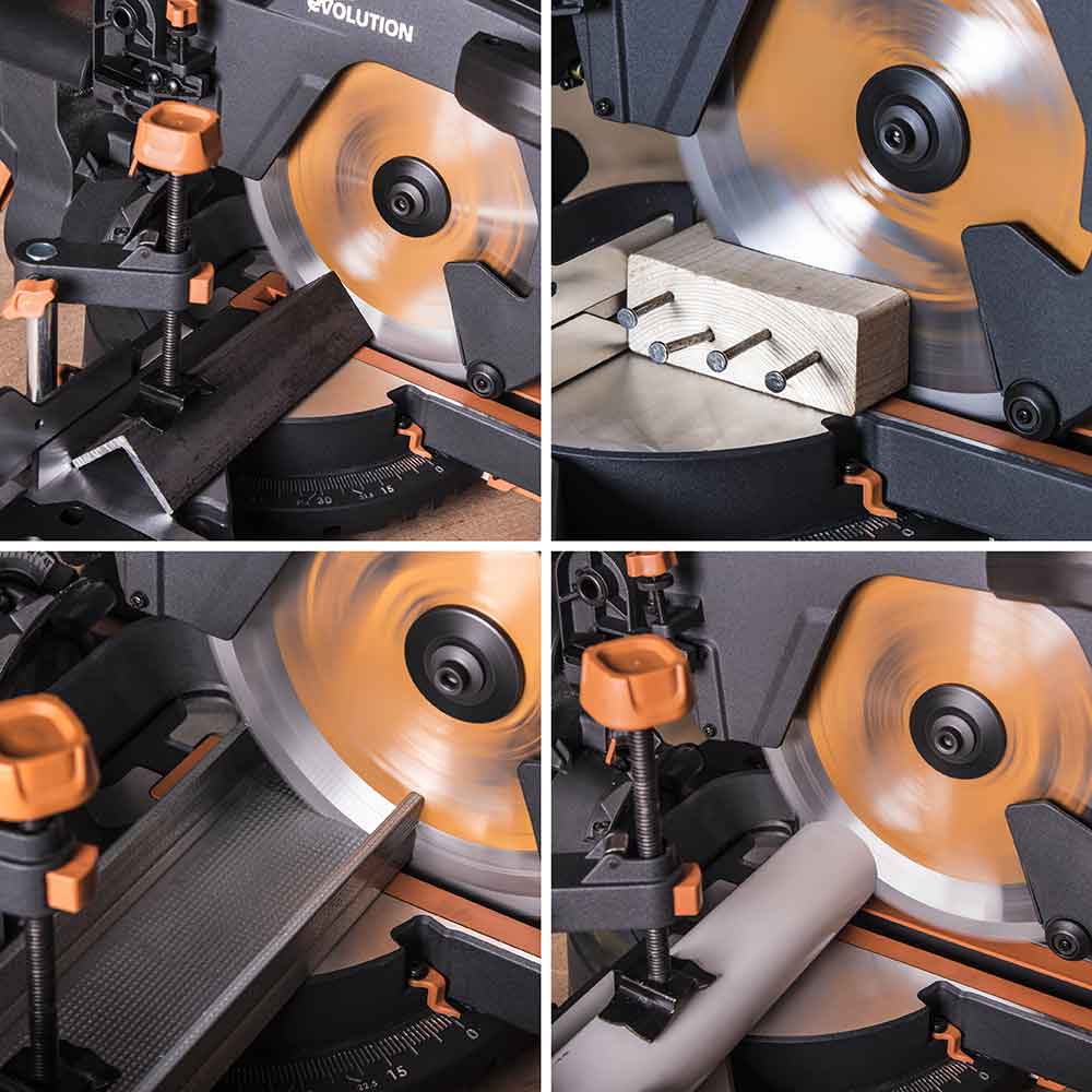 Piła ukośnica Evolution R255SMS+ 255mm z wielomateriałową tarczą TCT + stojak XL