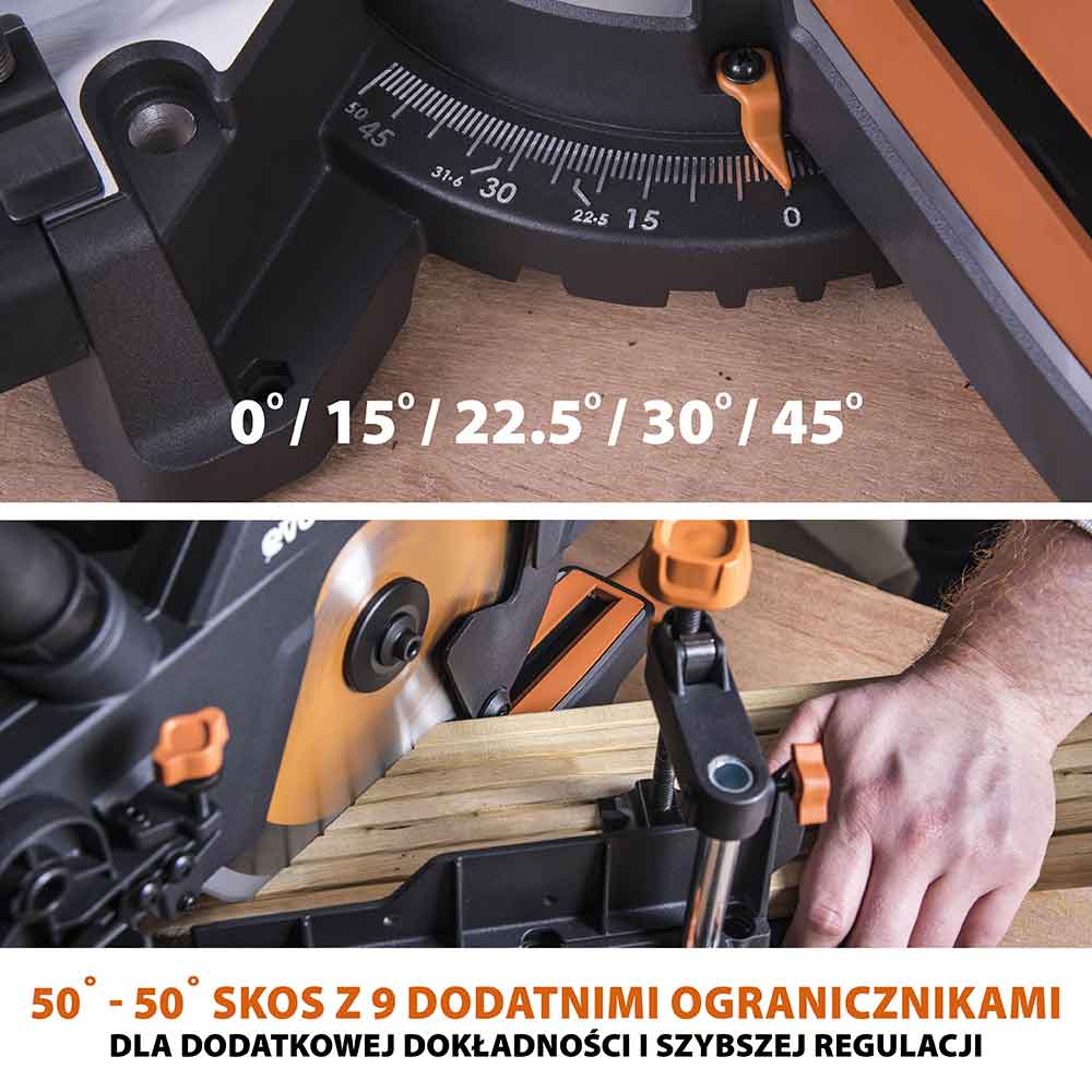 Piła ukośnica Evolution R210SMS-300+ 210mm z wielomateriałową tarczą TCT + stojak
