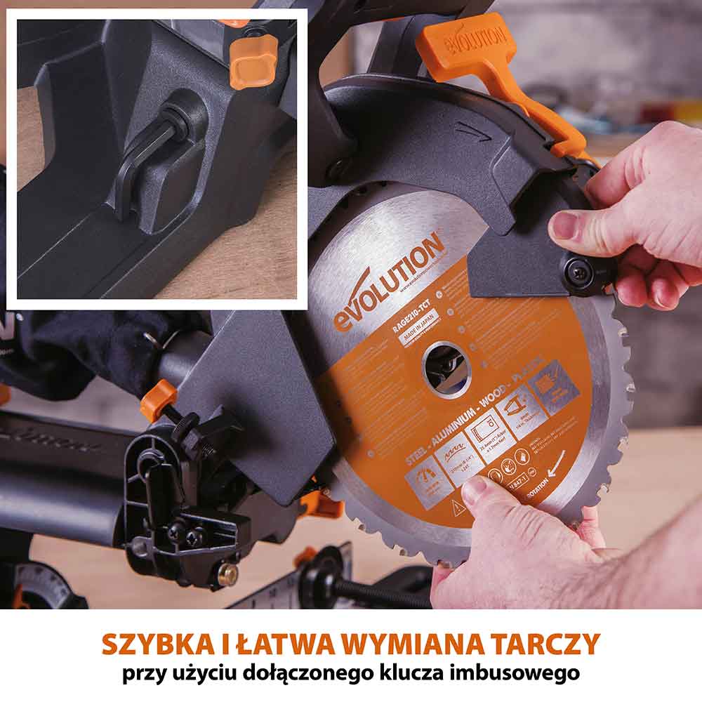 Piła ukośnica Evolution R210SMS-300+ 210mm z wielomateriałową tarczą TCT + stojak