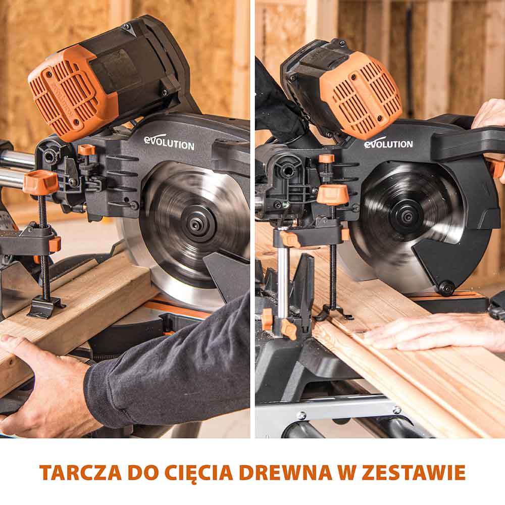 Piła ukośnica Evolution R255SMS-DB+ 255 mm z wielomateriałową tarczą TCT + stojak