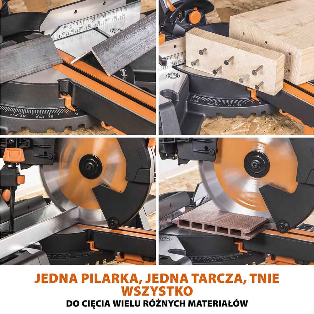 Piła ukośnica Evolution R255SMS-DB+ 255 mm z wielomateriałową tarczą TCT + stojak