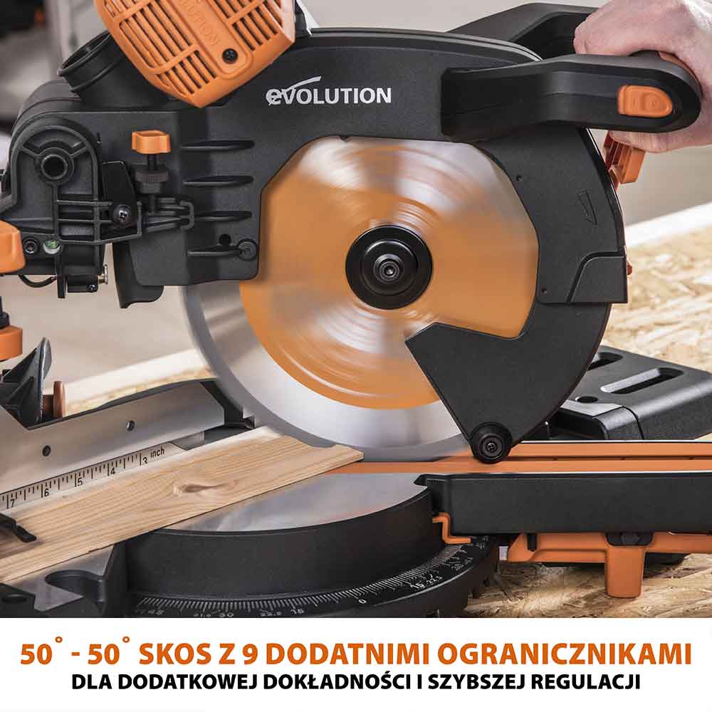 Piła ukośnica Evolution R255SMS-DB+ 255 mm z wielomateriałową tarczą TCT + stojak XL
