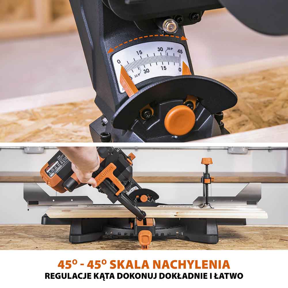 Piła ukośnica Evolution R255SMS-DB+ 255 mm z wielomateriałową tarczą TCT + stojak