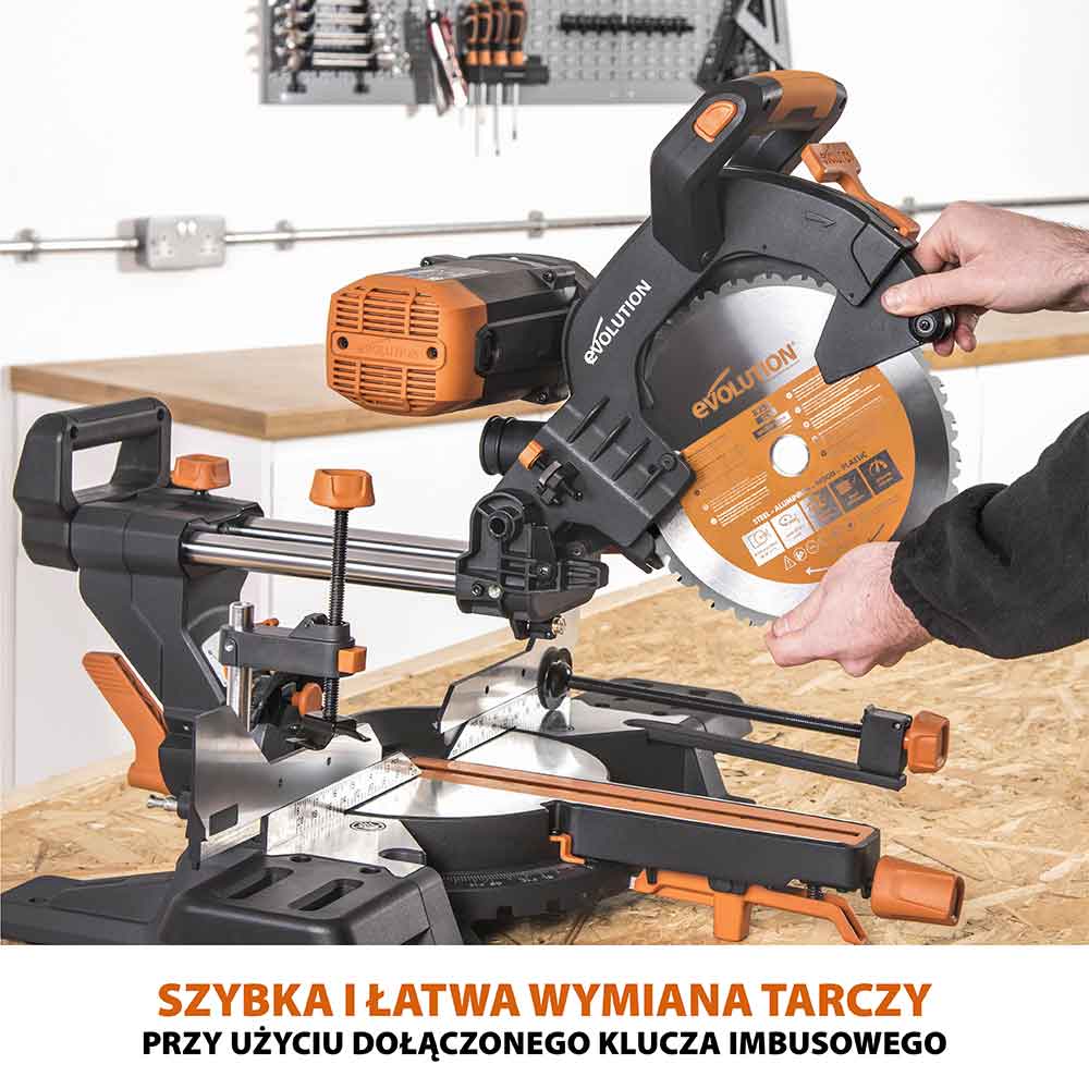 Piła ukośnica Evolution R255SMS-DB+ 255 mm z wielomateriałową tarczą TCT + stojak XL