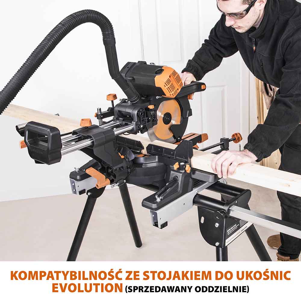 Piła ukośnica Evolution R255SMS-DB+ 255 mm z wielomateriałową tarczą TCT + stojak