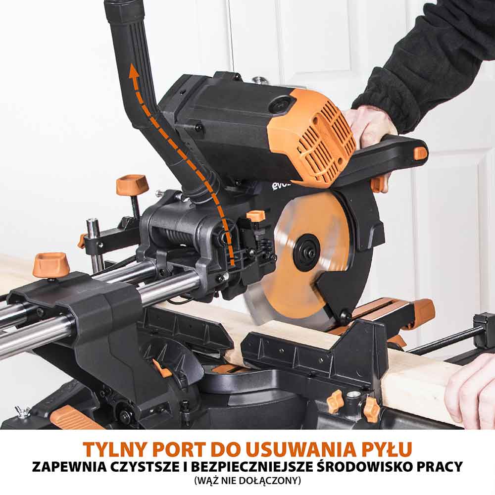 Piła ukośnica Evolution R255SMS-DB+ 255 mm z wielomateriałową tarczą TCT + stojak XL