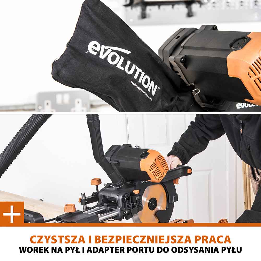 Piła ukośnica Evolution R255SMS-DB+ 255 mm z wielomateriałową tarczą TCT + stojak XL