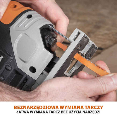 Bezprzewodowa wyrzynarka z akumulatorem litowo-jonowym 18 V EXT Li-Ion R90JGS-Li firmy Evolution z tarczą do cięcia różnych materiałów
