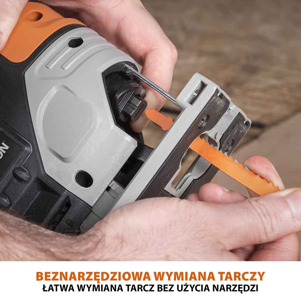 Bezprzewodowa wyrzynarka z akumulatorem litowo-jonowym 18 V EXT Li-Ion R90JGS-Li firmy Evolution z tarczą do cięcia różnych materiałów