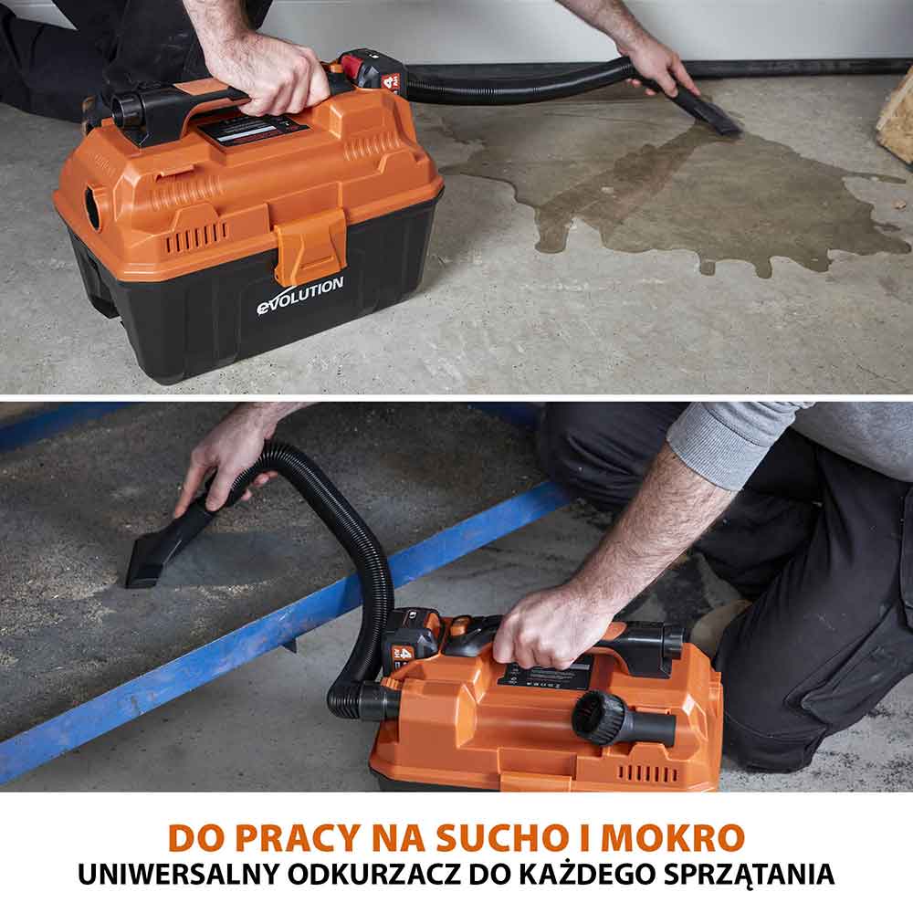 Bezprzewodowy odkurzacz do warsztatu z akumulatorem litowo-jonowym Evolution 18 V EXT Li-Ion R11VAC-Li z funkcją odkurzania na mokro i sucho
