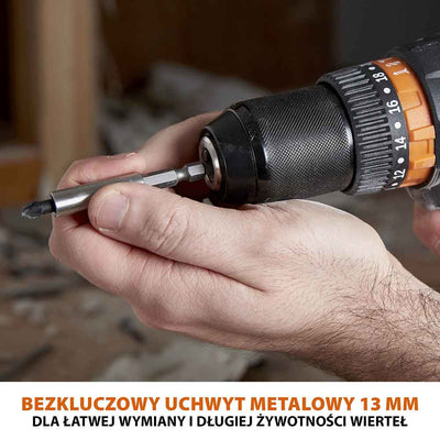 Bezprzewodowa wiertarko-wkrętarka R13CMB-Li firmy Evolution z akumulatorem litowo-jonowym 18 V EXT