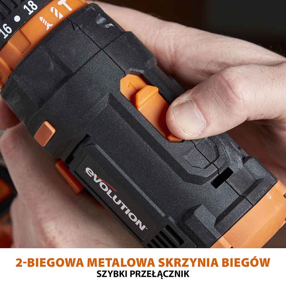 Bezprzewodowa wiertarko-wkrętarka R13CMB-Li firmy Evolution z akumulatorem litowo-jonowym 18 V EXT