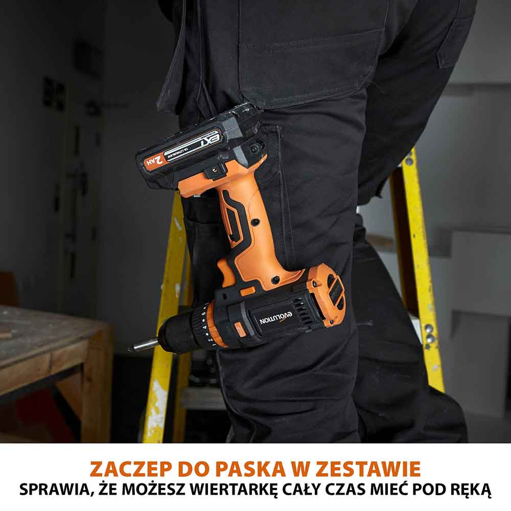 Bezprzewodowa wiertarko-wkrętarka R13CMB-Li firmy Evolution z akumulatorem litowo-jonowym 18 V EXT