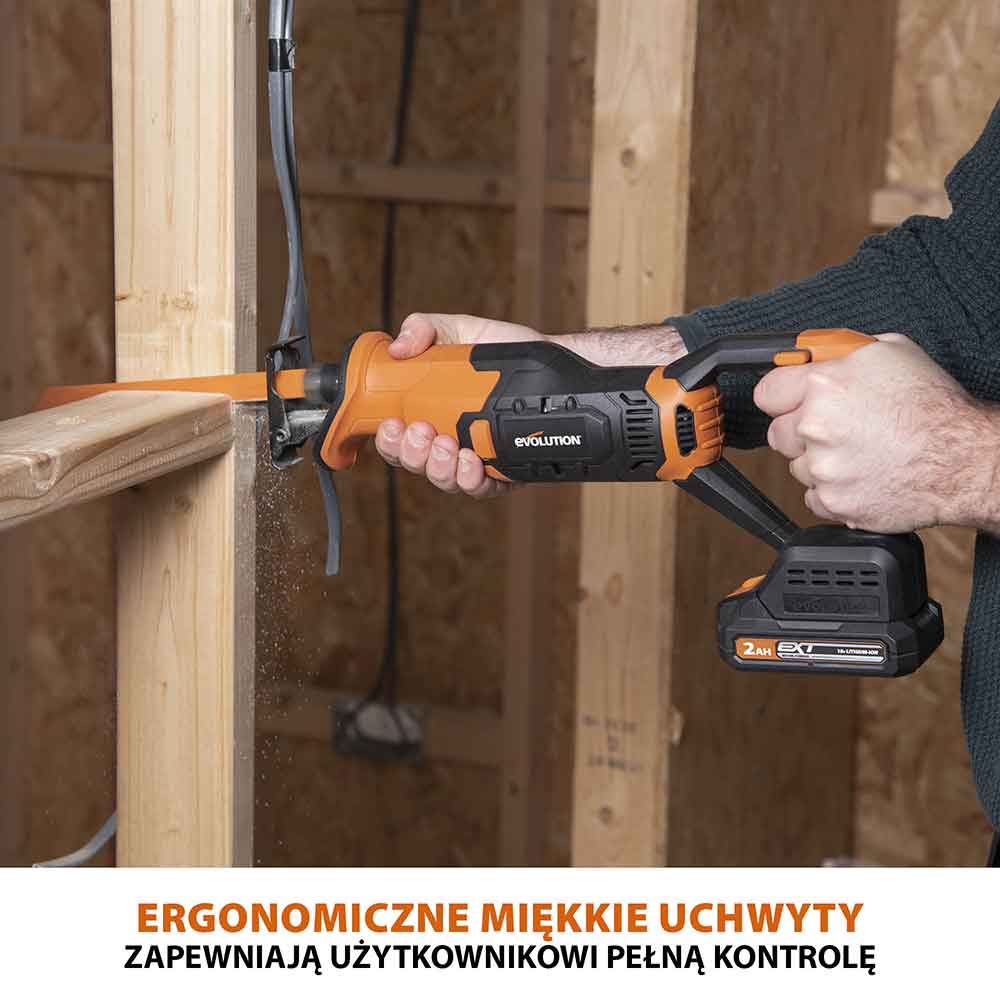 Bezprzewodowa piła szablasta Evolution z akumulatorem litowo-jonowym 18 V EXT Li-Ion R150RCP-Li z tarczą do cięcia różnych materiałów
