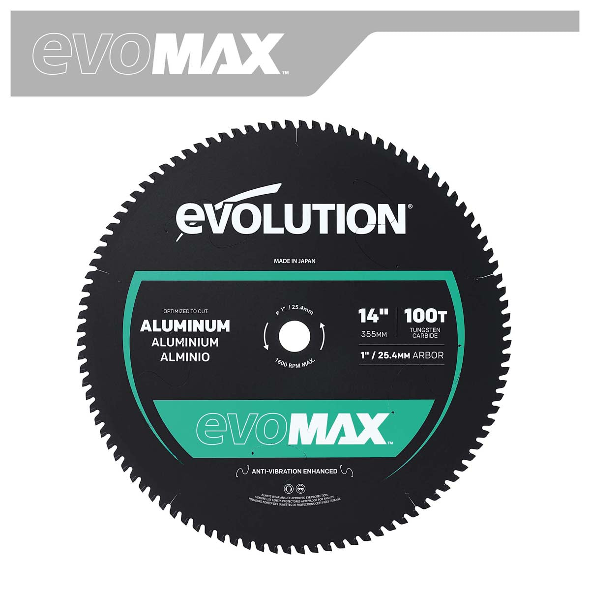 Tarcza do pilarki tarczowej do cięcia aluminium Evolution EVOMAX 355 mm Ø355 x 25,4 mm, 100 zębów, węglik wolframu