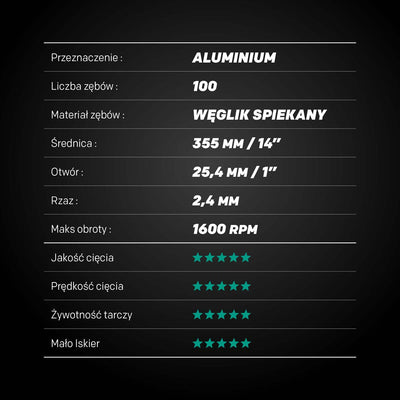 Tarcza do pilarki tarczowej do cięcia aluminium Evolution EVOMAX 355 mm Ø355 x 25,4 mm, 100 zębów, węglik wolframu