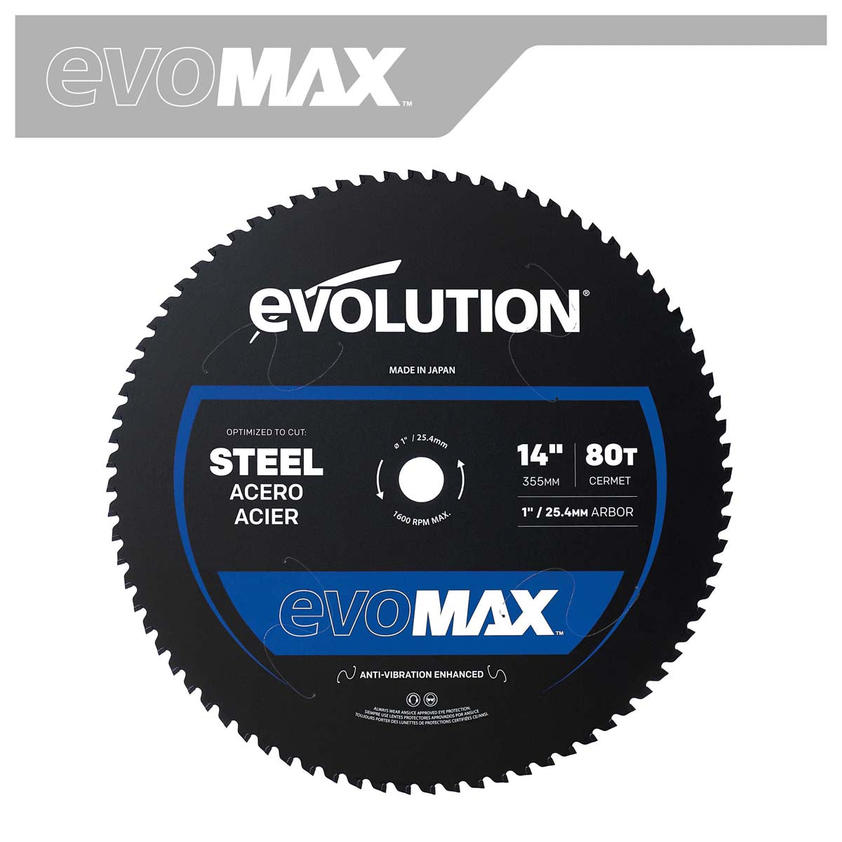 Tarcza do pilarki tarczowej do cięcia stali Evolution EVOMAX 355 mm Ø355 x 25,4 mm, 80 zębów, węglik cermetowy