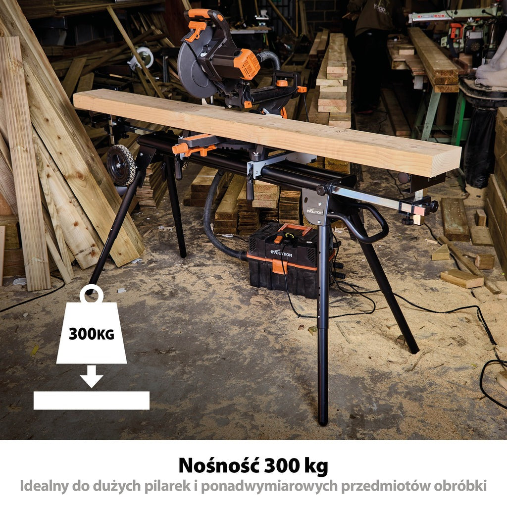 Piła ukośnica Evolution R255SMS+ 255mm z wielomateriałową tarczą TCT + stojak XL