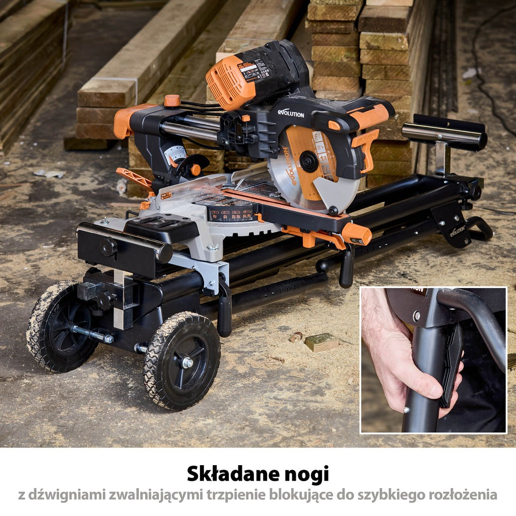 Piła ukośnica Evolution R255SMS+ 255mm z wielomateriałową tarczą TCT + stojak XL