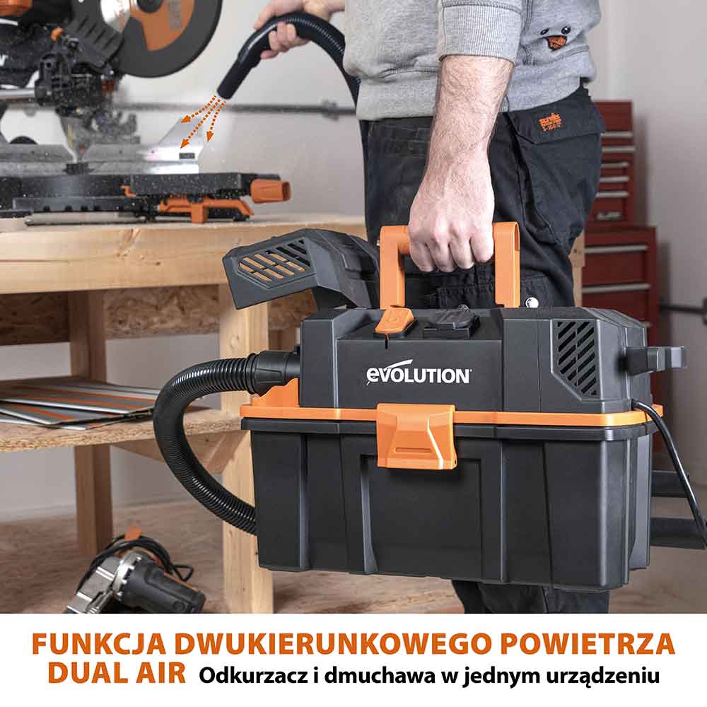 Odkurzacz warsztatowy do pracy na mokro i na sucho Evolution R15VAC 1000 W z przystawką odbioru mocy 1700 W