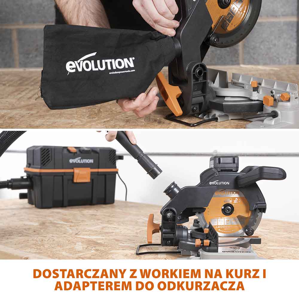 Akumulatorowa piła ukośnica Evolution R185CMS-Li 18V EXT Li-Ion 185 mm z wielomateriałową tarczą TCT