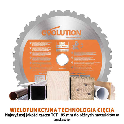 Akumulatorowa piła ukośnica Evolution R185CMS-Li 18V EXT Li-Ion 185 mm z wielomateriałową tarczą TCT