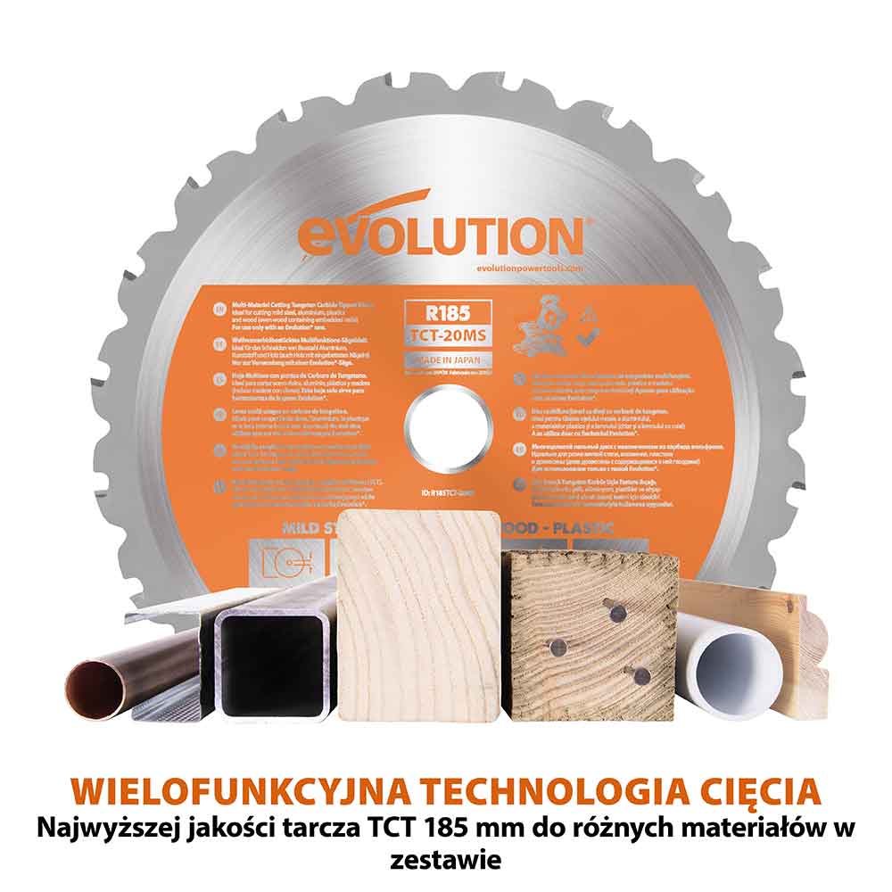 Akumulatorowa piła ukośnica Evolution R185CMS-Li 18V EXT Li-Ion 185 mm z wielomateriałową tarczą TCT