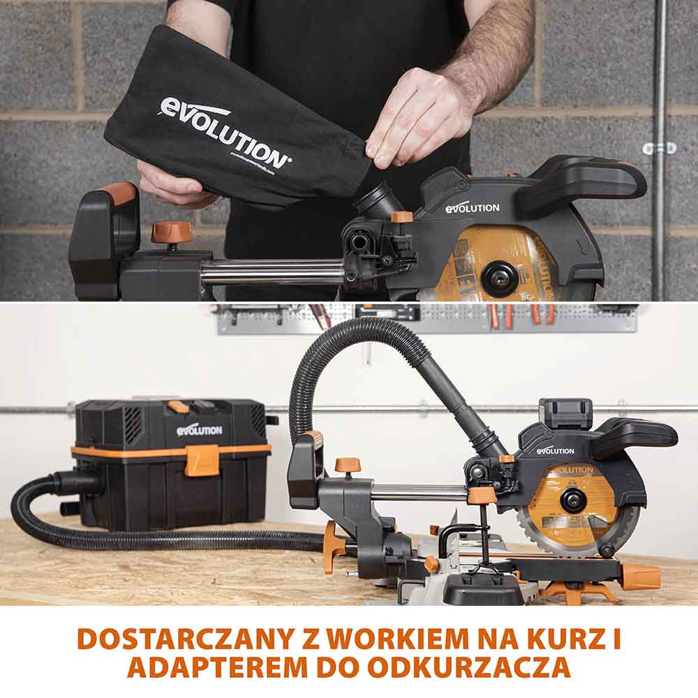 Akumulatorowa piła ukośnica Evolution R185SMS-Li 18V EXT Li-Ion 185 mm z wielomateriałową tarczą TCT