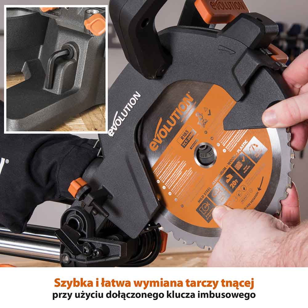 Piła ukośnica Evolution R185SMS+ 185 mm z wielomateriałową tarczą TCT + stojak