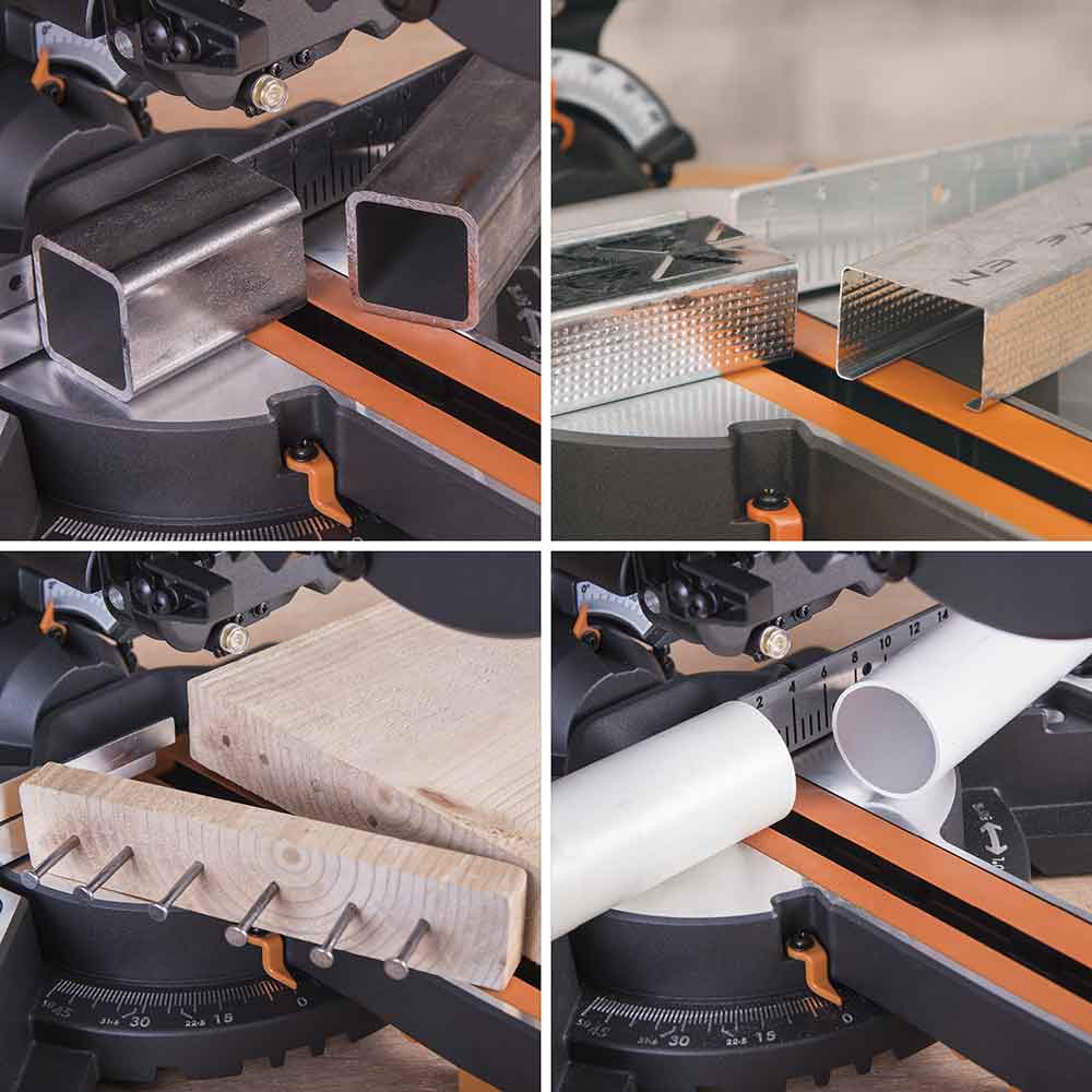 Piła ukośnica Evolution R210SMS+ 210 mm z wielomateriałową tarczą TCT + stojak
