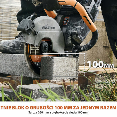 Elektryczna przecinarka tarczowa do betonu Evolution R260DCT-Li z Automatycznym Systemem Zraszania i Akumulatorem