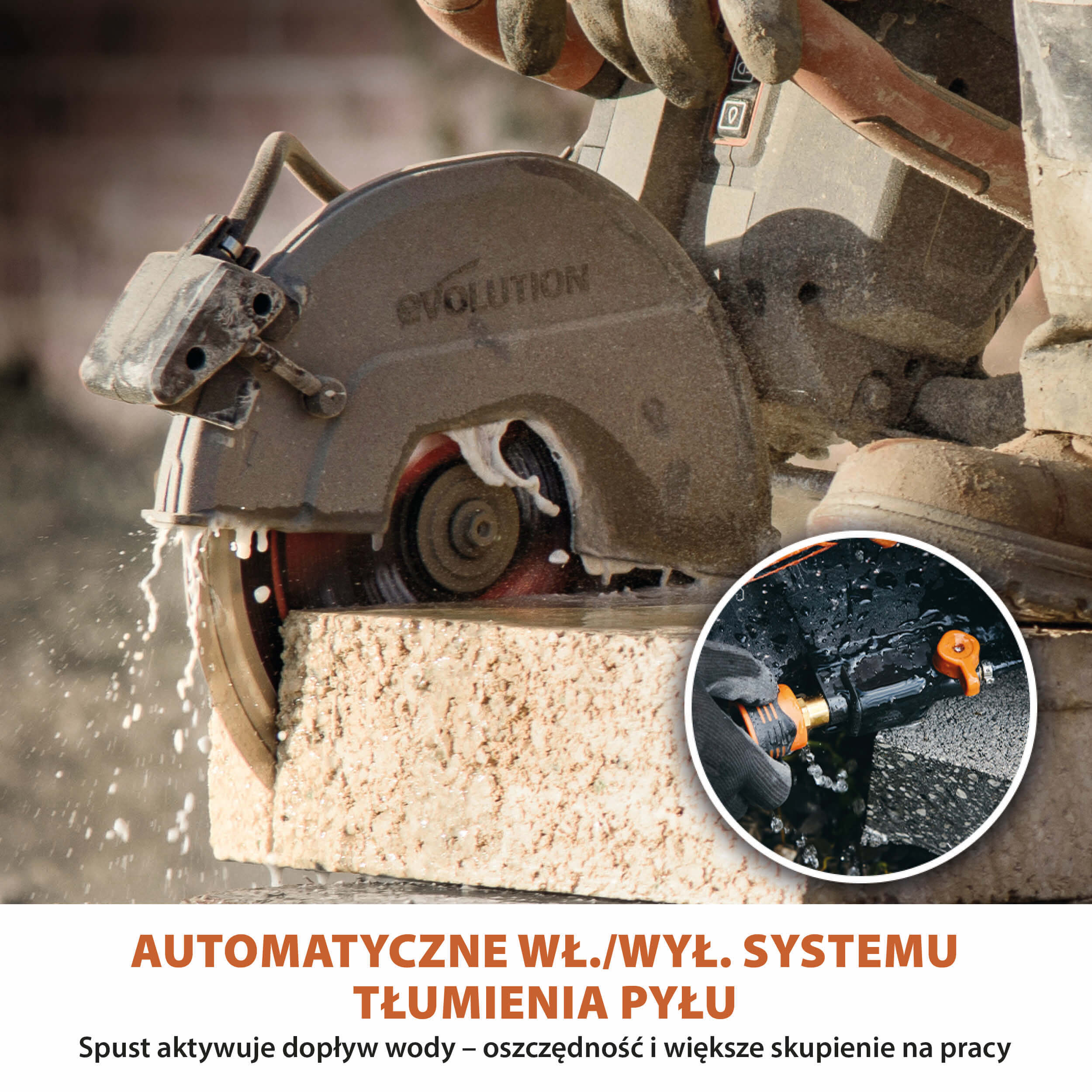 Elektryczna przecinarka tarczowa do betonu Evolution R260DCT-Li z Automatycznym Systemem Zraszania i Akumulatorem
