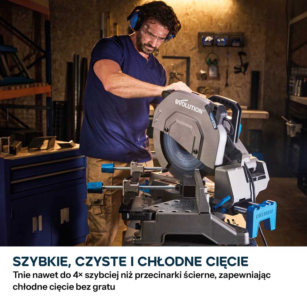 Przecinarka ukosowa do metalu Evolution S355MCS-G2 z tarczą EVOMAX Cermet Long-Life 80T 355 mm, inteligentną technologią silnika oraz prowadnicą Shadowline