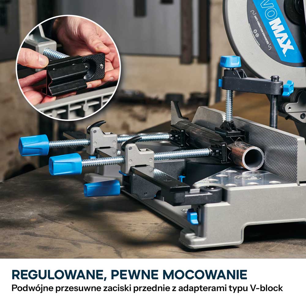Przecinarka ukosowa do metalu Evolution S355MCS-G2 z tarczą EVOMAX Cermet Long-Life 80T 355 mm, inteligentną technologią silnika oraz prowadnicą Shadowline