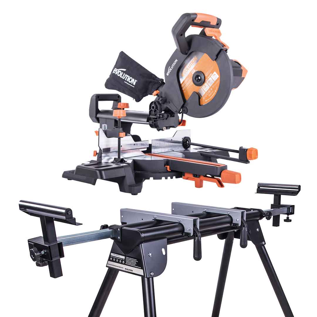 Piła ukośnica Evolution R255SMS+ 255 mm z wielomateriałową tarczą TCT + stojak