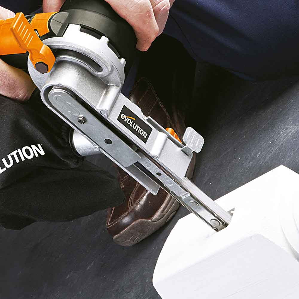 Elektryczny pilnik do szlifierki cienkotaśmowej Evolution 400W z głowicami o płaskiej i zakrzywionej powierzchni
