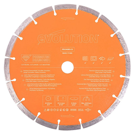 Diamentowa tarcza Evolution 230 mm Premium z wysoką koncentracją diamentu, segmentową krawędzią i otworem 22,2 mm