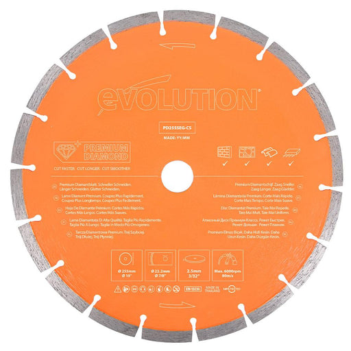 Diamentowa tarcza Evolution 255 mm Premium z wysoką koncentracją diamentu, segmentową krawędzią i otworem 22,2 mm