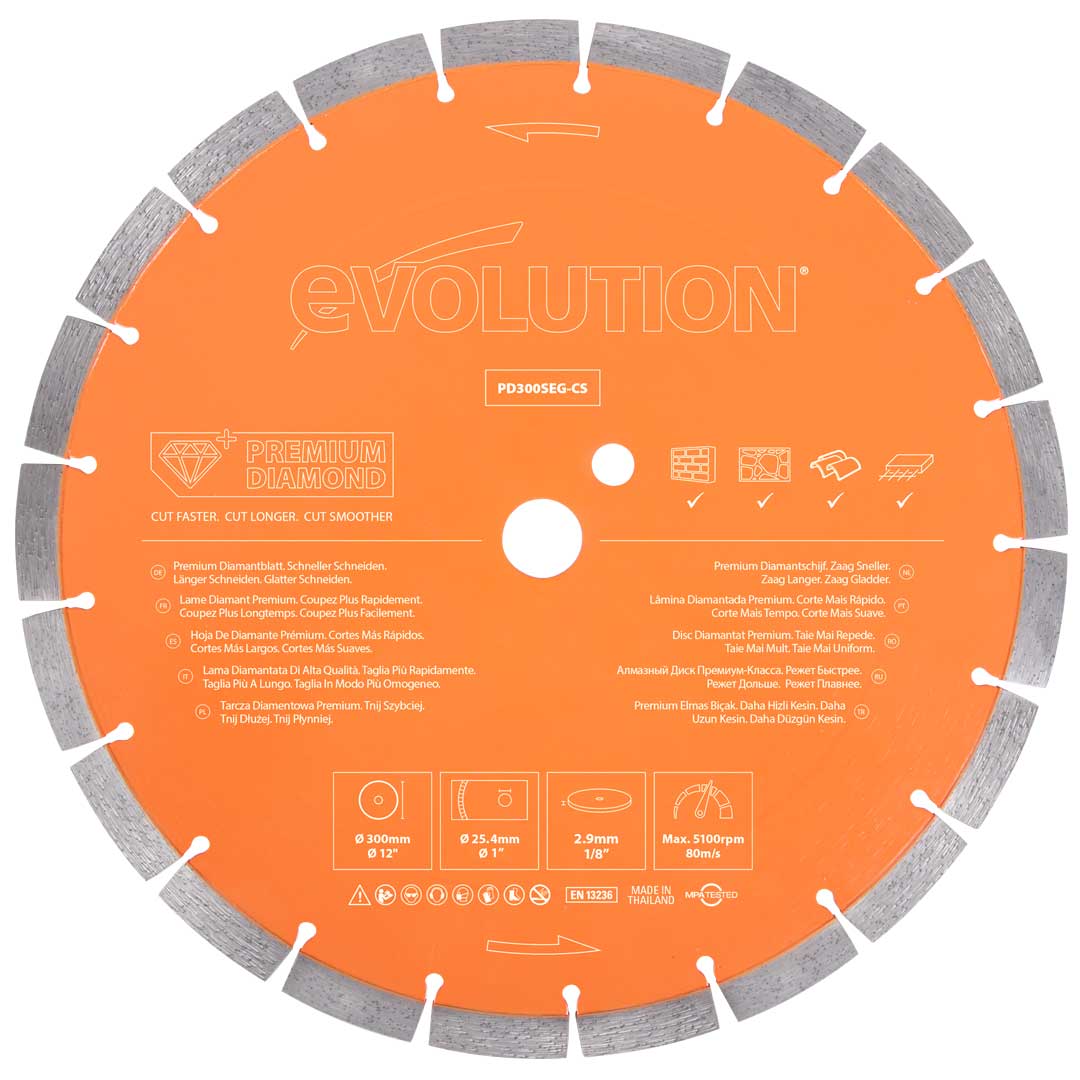 Tarcza diamentowa Evolution 300 mm Premium z wysoką koncentracją diamentu, segmentową krawędzią i otworem