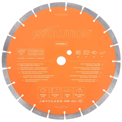 Diamentowa tarcza Evolution 300 mm Premium z wysoką koncentracją diamentu, segmentową krawędzią i otworem 22,2 mm